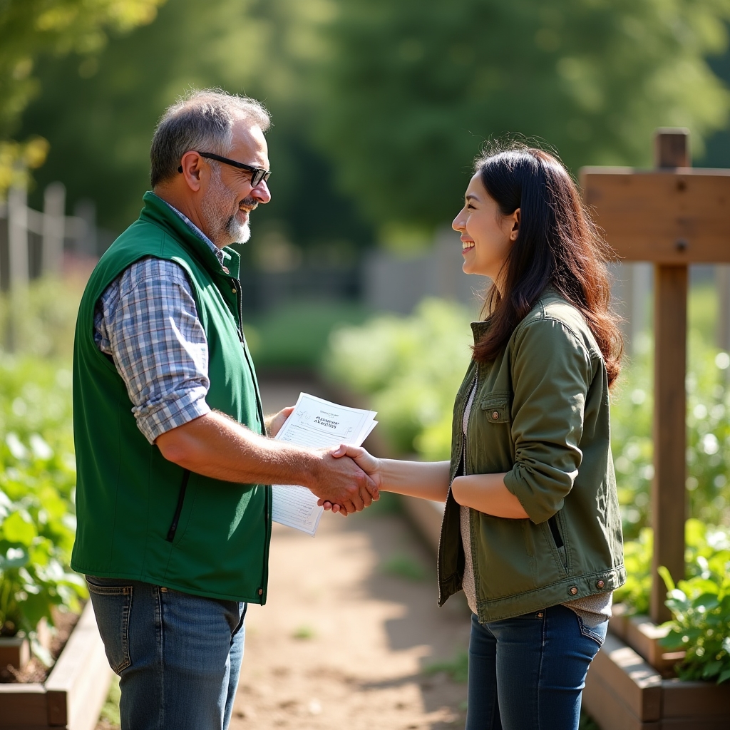 New garden volunteer receiving an orientation folder from a coordinator at an outdoor table